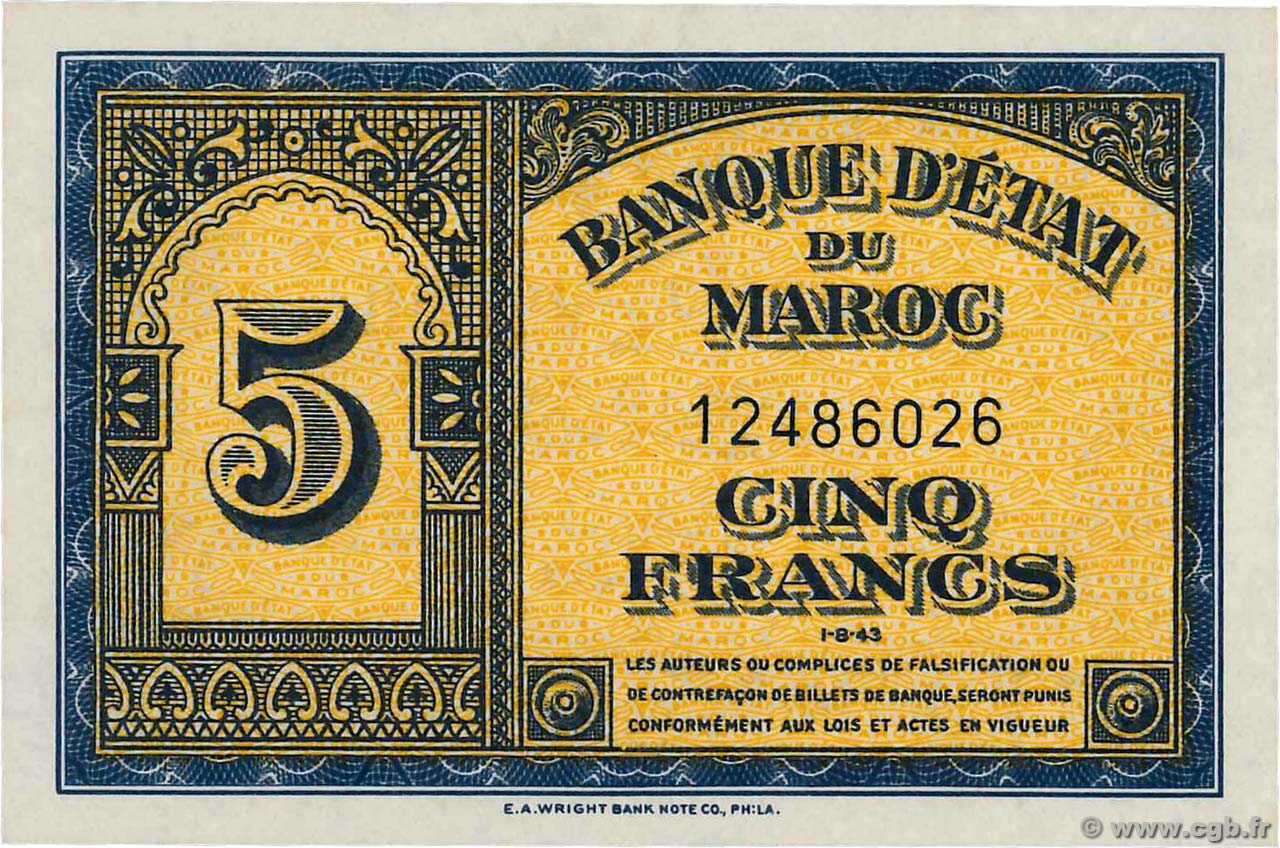 5 Francs MAROKKO  1943 P.24 fST+