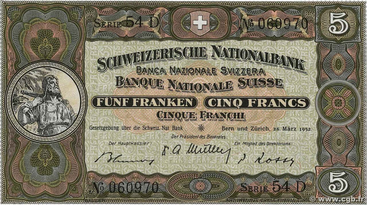 5 Francs SWITZERLAND  1952 P.11p AU+