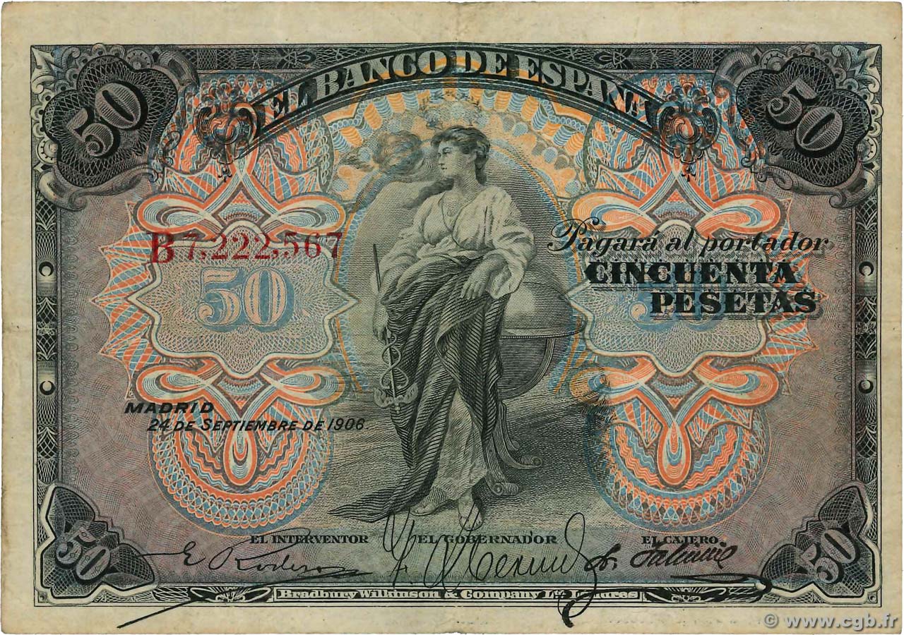 50 Pesetas SPAIN  1906 P.058a F+