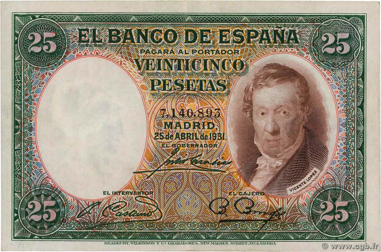 25 Pesetas SPAIN  1931 P.081 VF+