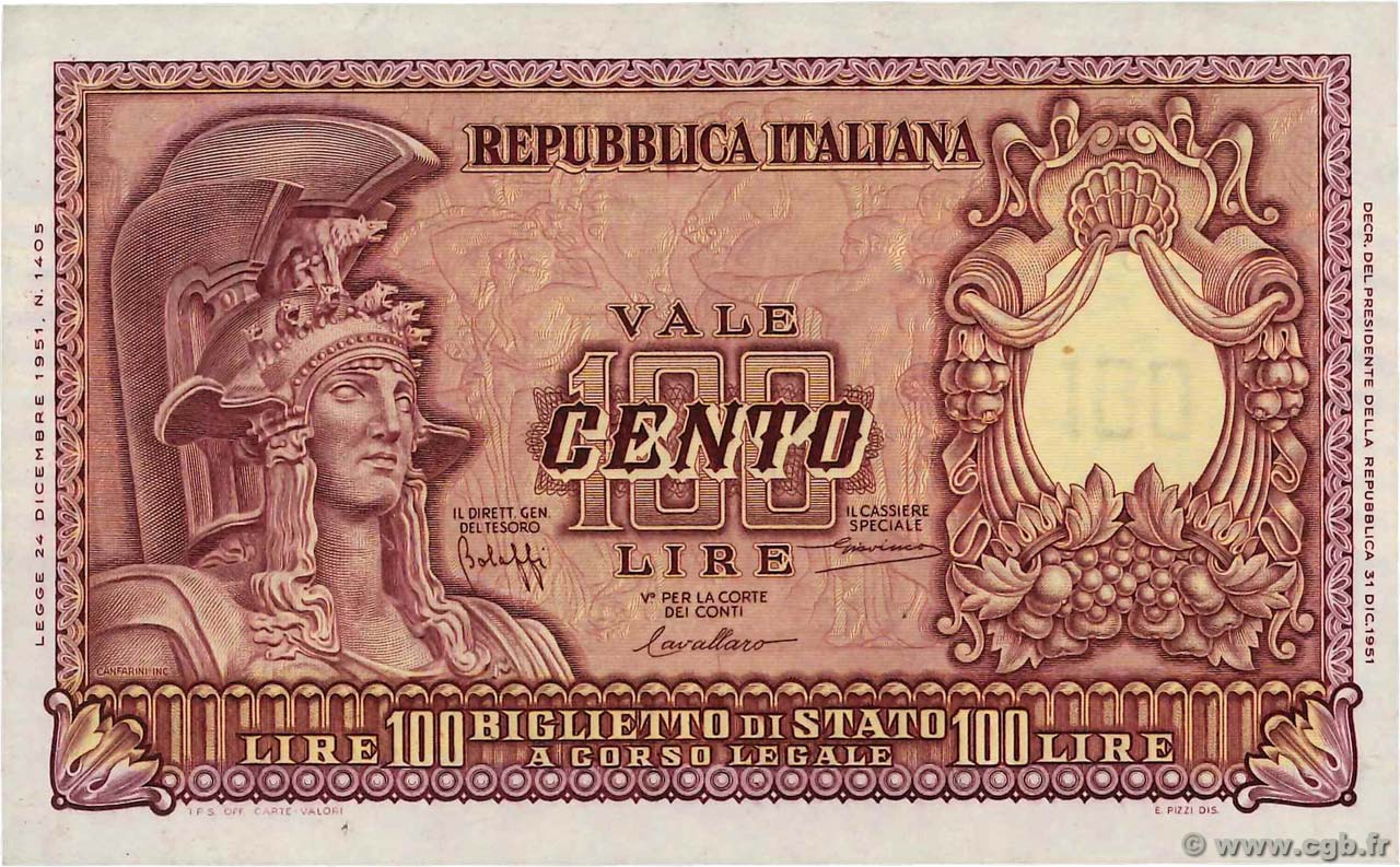 100 Lire ITALY  1951 P.092a AU