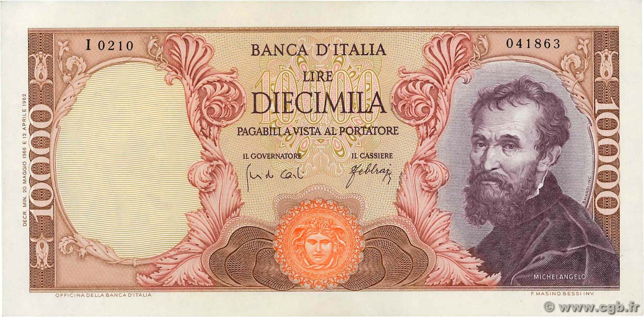 10000 Lire ITALY  1966 P.097c AU-