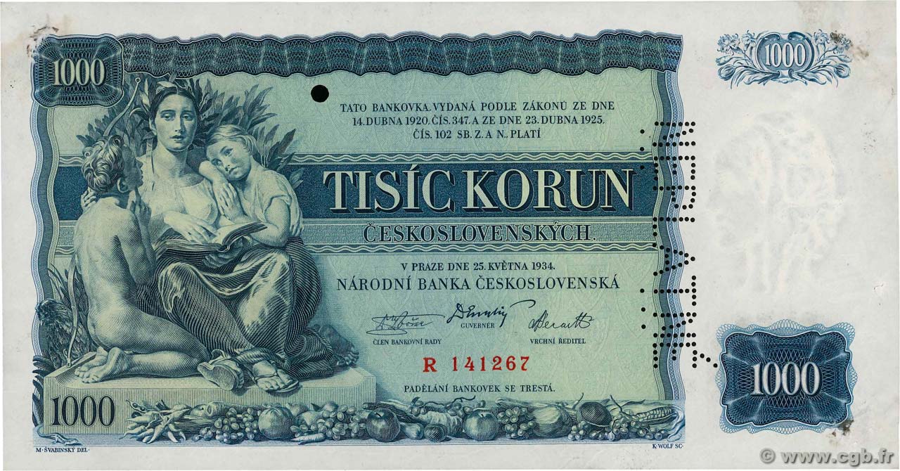 1000 Korun CZECHOSLOVAKIA  1934 P.026s XF