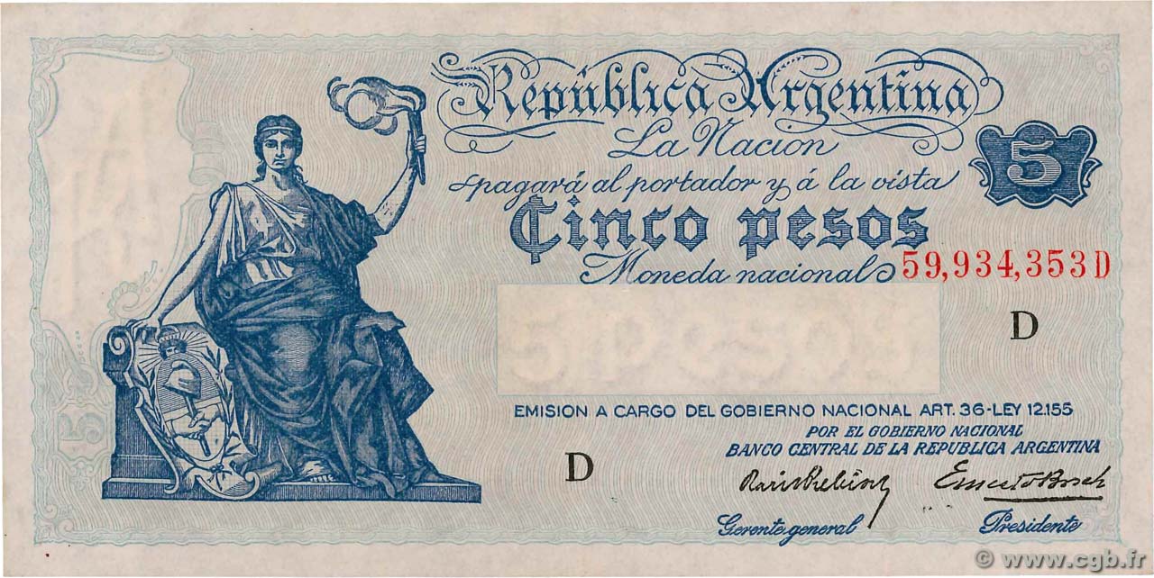 5 Pesos ARGENTINIEN  1935 P.252a fVZ