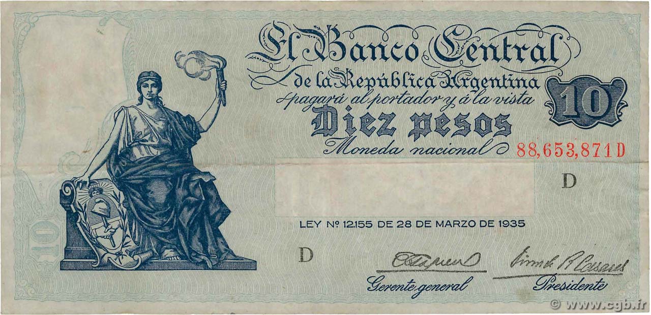 10 Pesos ARGENTINA  1936 P.253a MBC