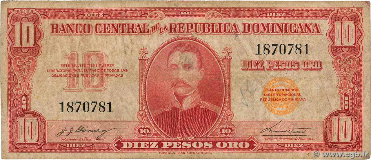 10 Peso Oro RÉPUBLIQUE DOMINICAINE  1962 P.093a BC