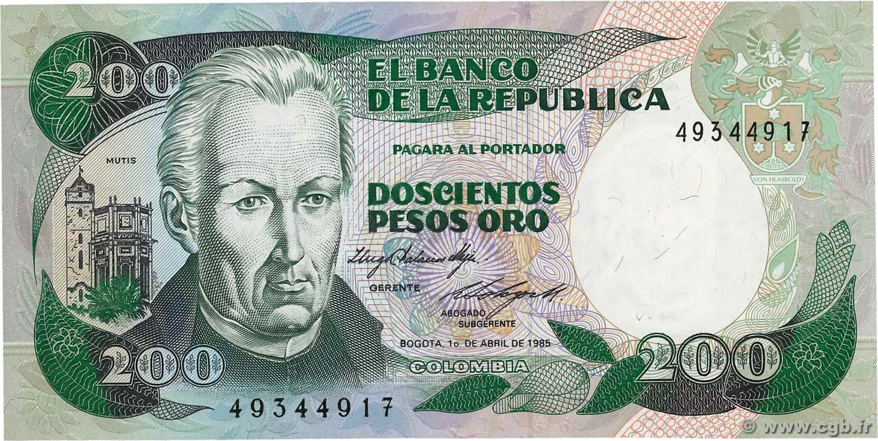 200 Pesos Oro COLOMBIA  1985 P.429b UNC