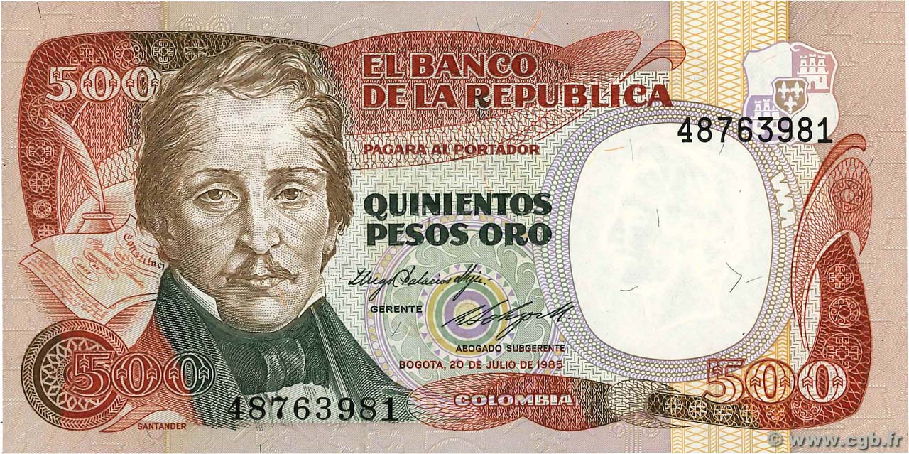500 Pesos Oro COLOMBIE  1985 P.423b NEUF