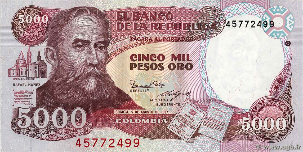 5000 Pesos Oro COLOMBIA  1987 P.435a UNC
