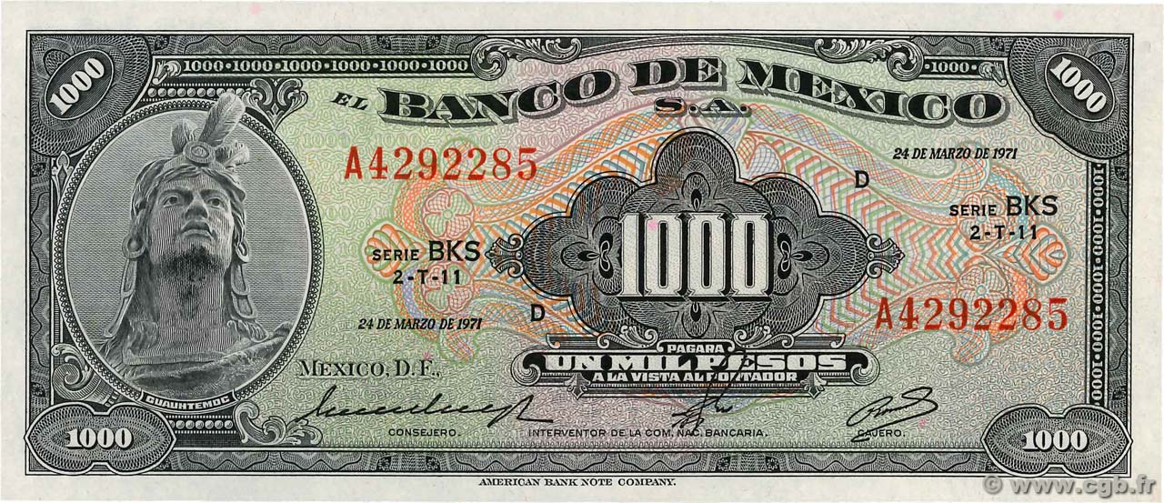 1000 Pesos MEXICO  1971 P.052o UNC-