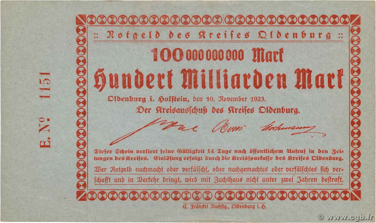 100 Milliards Mark GERMANY Oldenburg 1923  UNC-