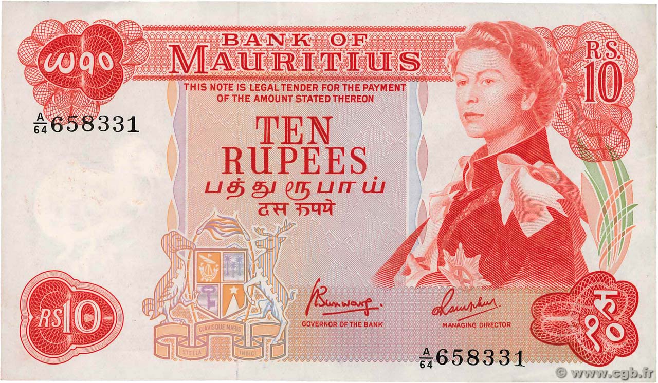 10 Rupees MAURITIUS  1967 P.31c XF-