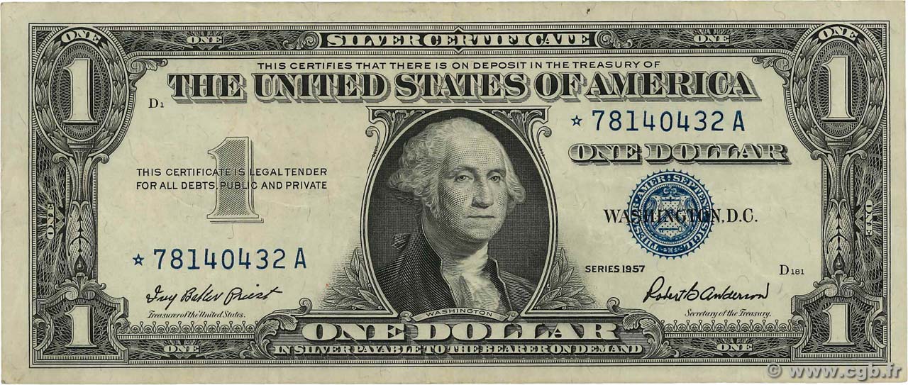 1 Dollar ÉTATS-UNIS D AMÉRIQUE  1957 P.419* TTB