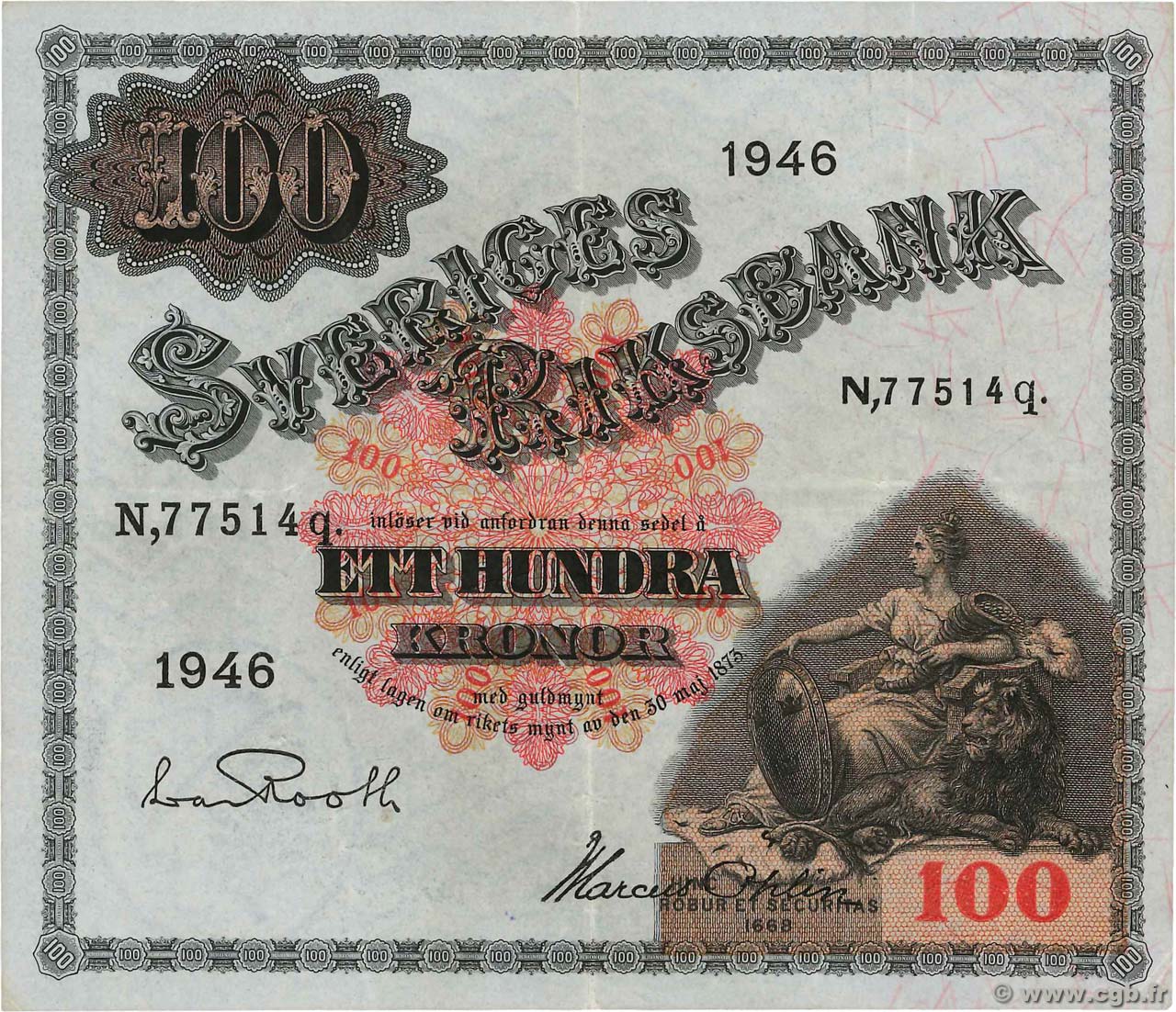 100 Kronor SWEDEN  1946 P.36ab VF