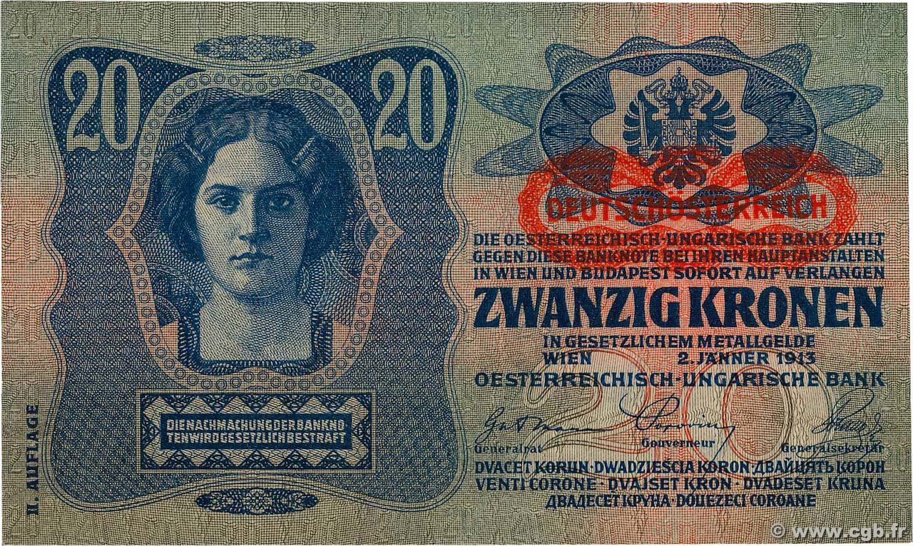 20 Kronen AUSTRIA  1919 P.053a XF