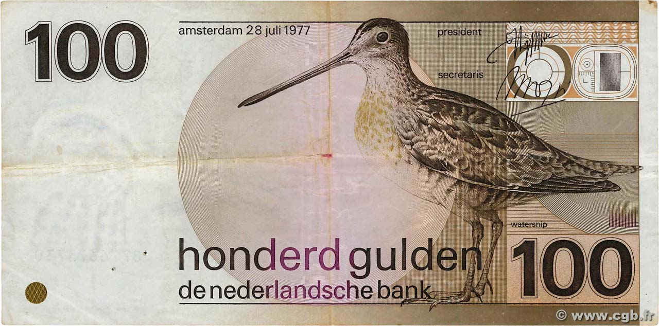 100 Gulden NETHERLANDS  1977 P.097a VF