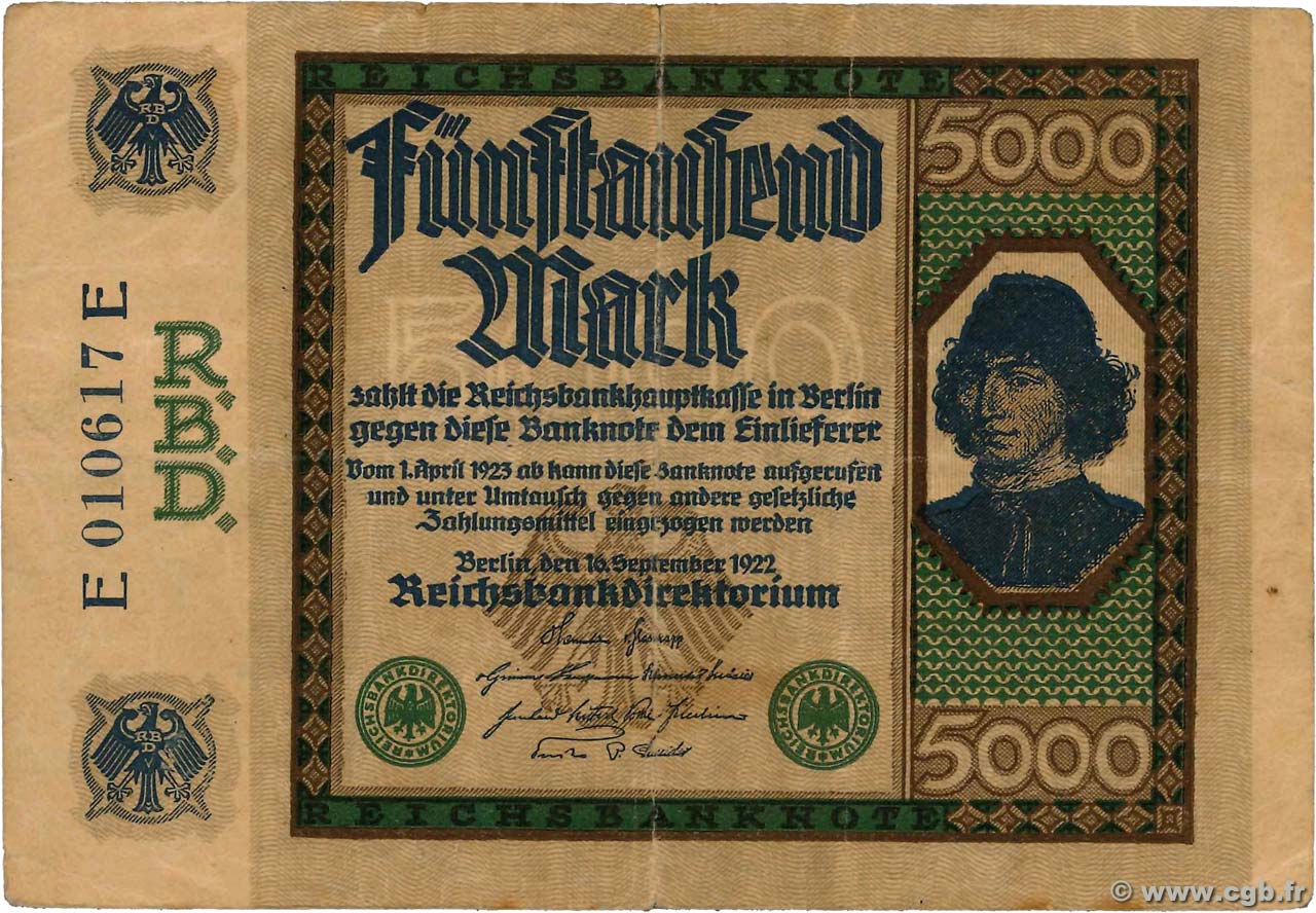 5000 Mark DEUTSCHLAND  1922 P.077 S