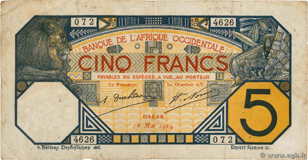 5 Francs DAKAR FRENCH WEST AFRICA Dakar 1929 P.05Be q.BB