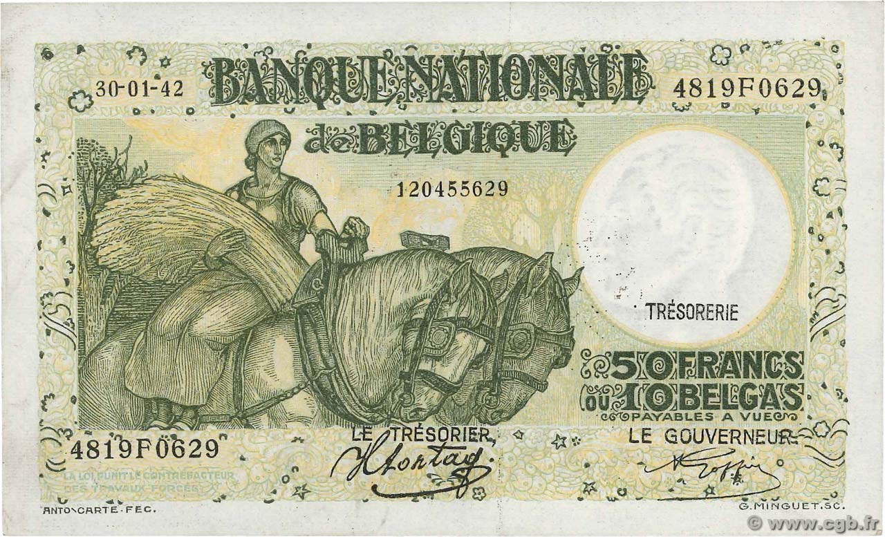 50 Francs - 10 Belgas BELGIEN  1942 P.106 VZ