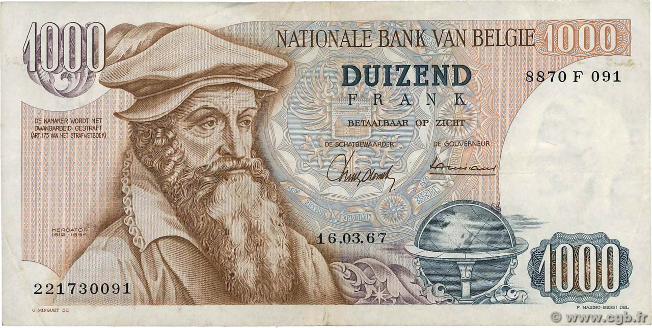 1000 Francs BELGIO  1967 P.136a BB