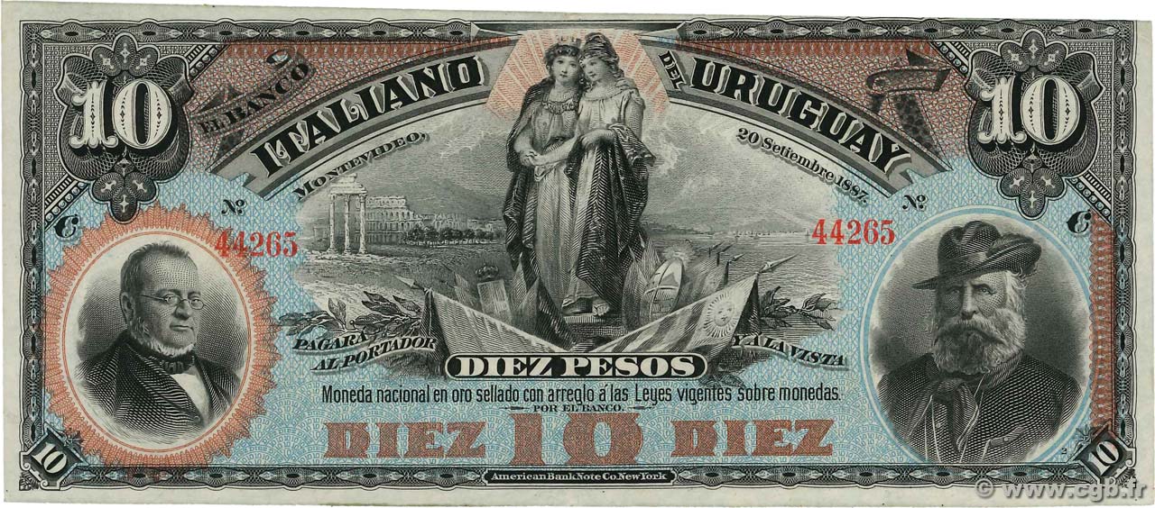 10 Pesos Non émis URUGUAY  1887 PS.212r AU
