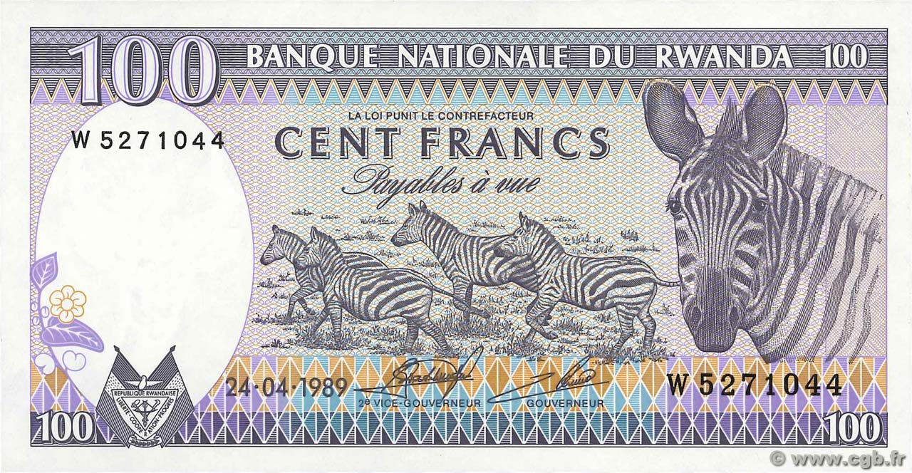 100 Francs RWANDA  1989 P.19a NEUF