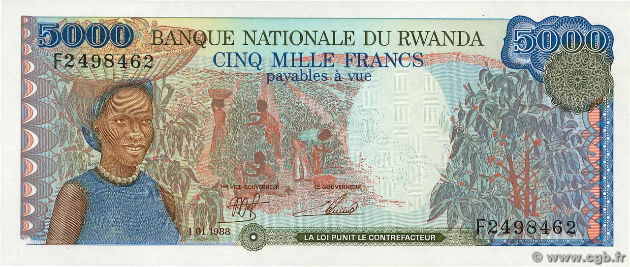 5000 Francs RUANDA  1988 P.22a FDC