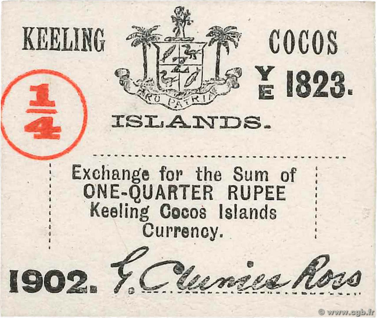1/4 Rupee KEELING COCOS ISLANDS  1902 PS.124 UNC