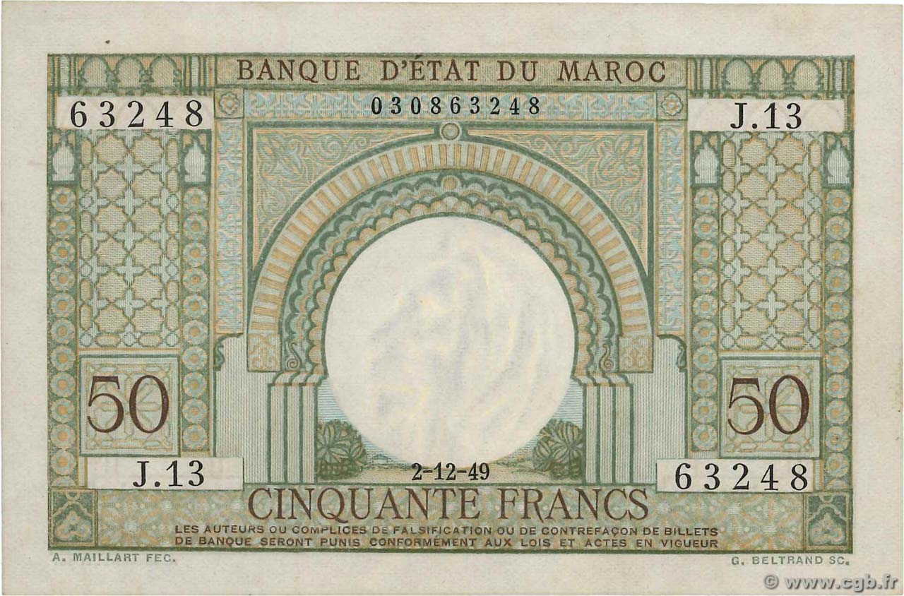50 Francs MAROKKO  1949 P.44 fST