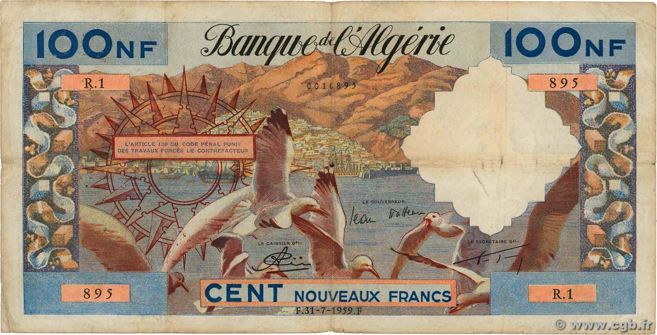 100 Nouveaux Francs ALGERIA  1959 P.121a MB