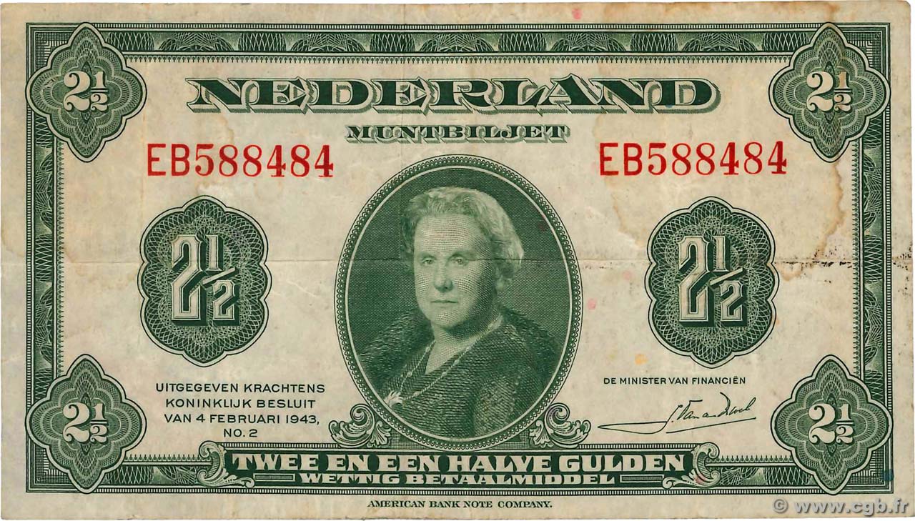 2,5 Gulden PAESI BASSI  1943 P.065a MB