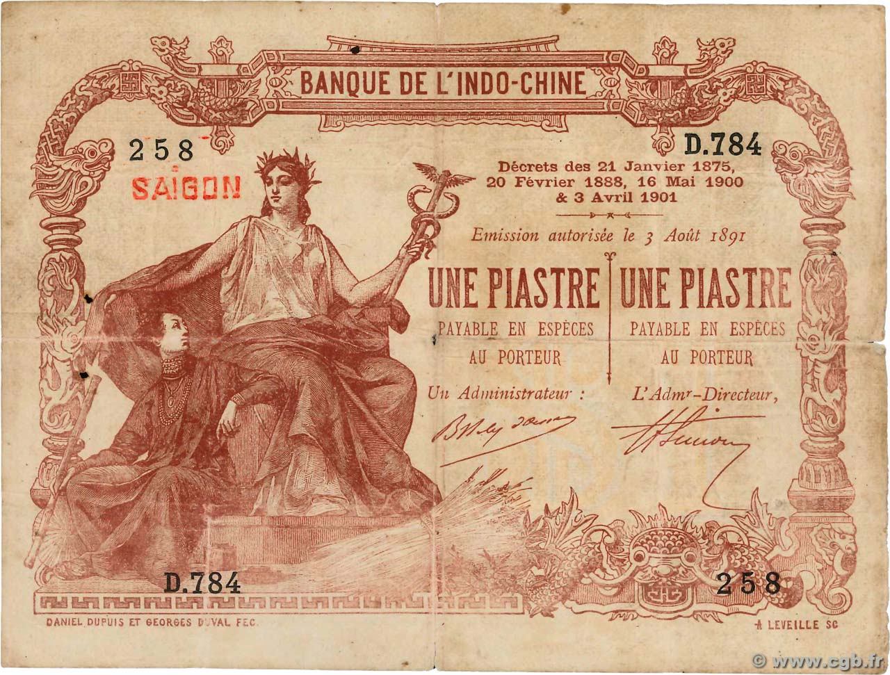 1 Piastre - 1 Piastre INDOCINA FRANCESE Saïgon 1909 P.034b MB