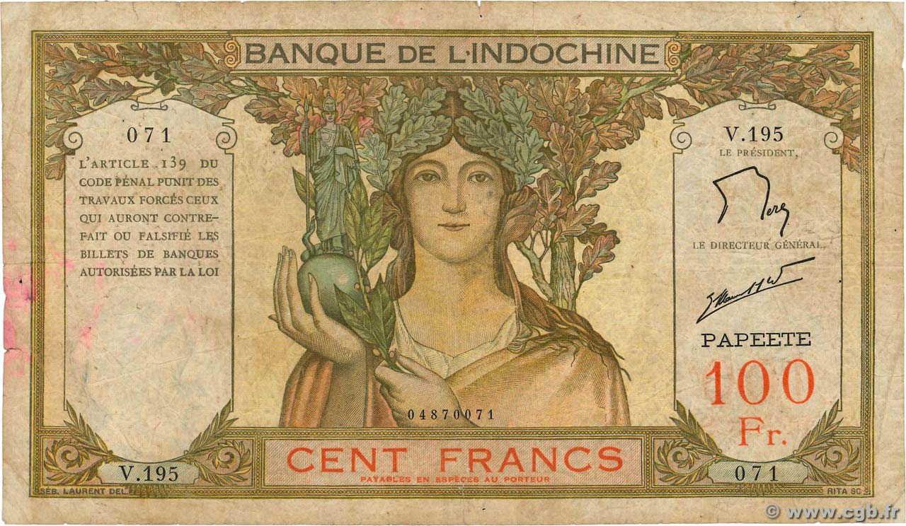 100 Francs TAHITI  1961 P.14d F-