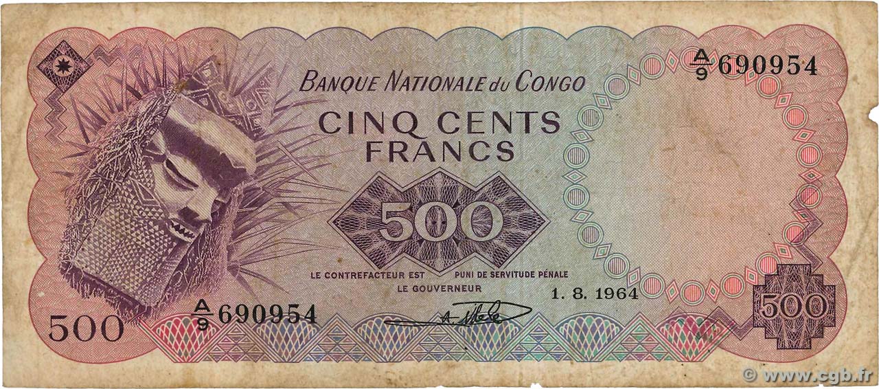 500 Francs RÉPUBLIQUE DÉMOCRATIQUE DU CONGO  1964 P.007a pr.TB