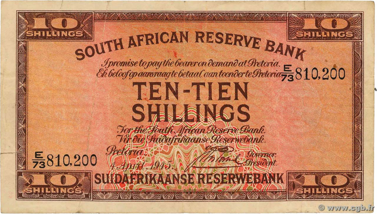 10 Shillings SUDAFRICA  1945 P.082d q.BB