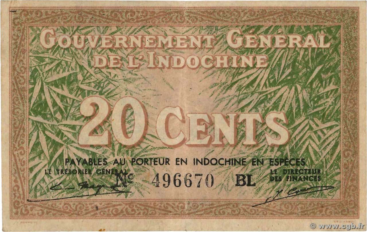 20 Cents FRENCH INDOCHINA  1939 P.086d VF