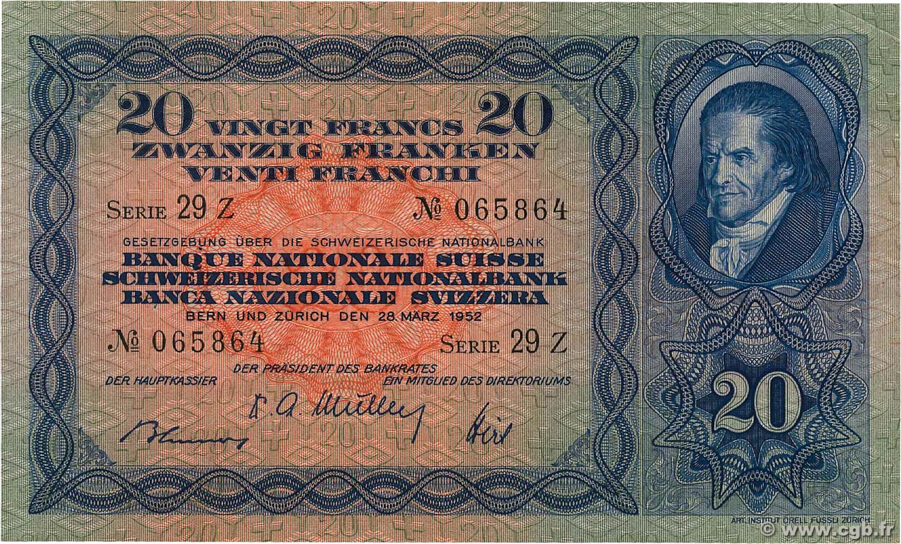20 Francs SUISSE  1952 P.39t TTB