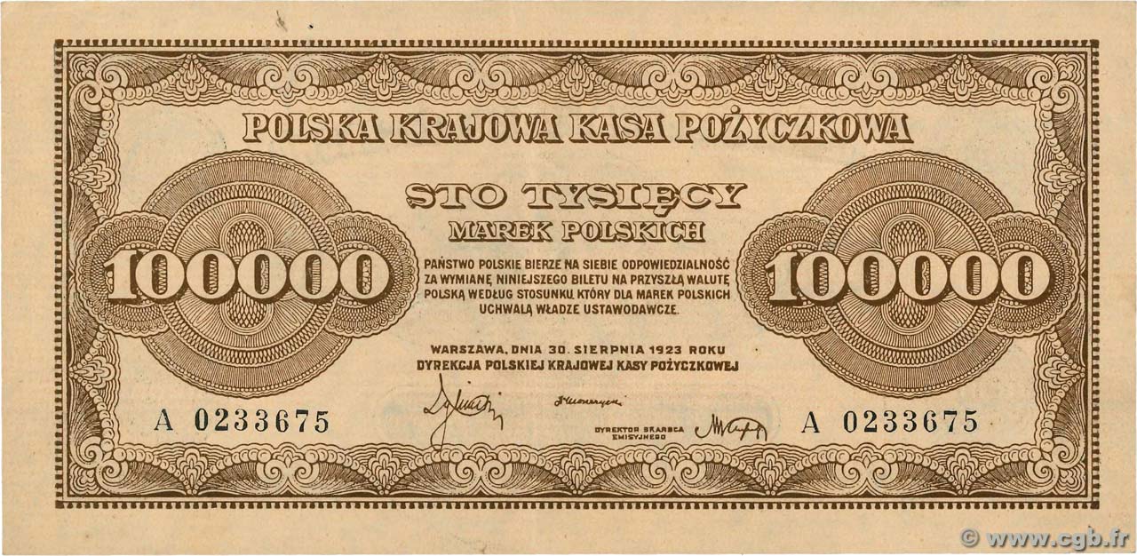 100000 Marek POLAND  1923 P.034a XF