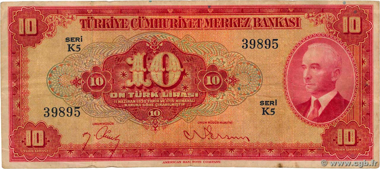 10 Lira TURKEY  1947 P.147a F