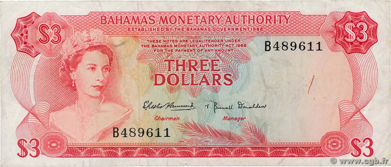 3 Dollars BAHAMAS  1968 P.28a TTB
