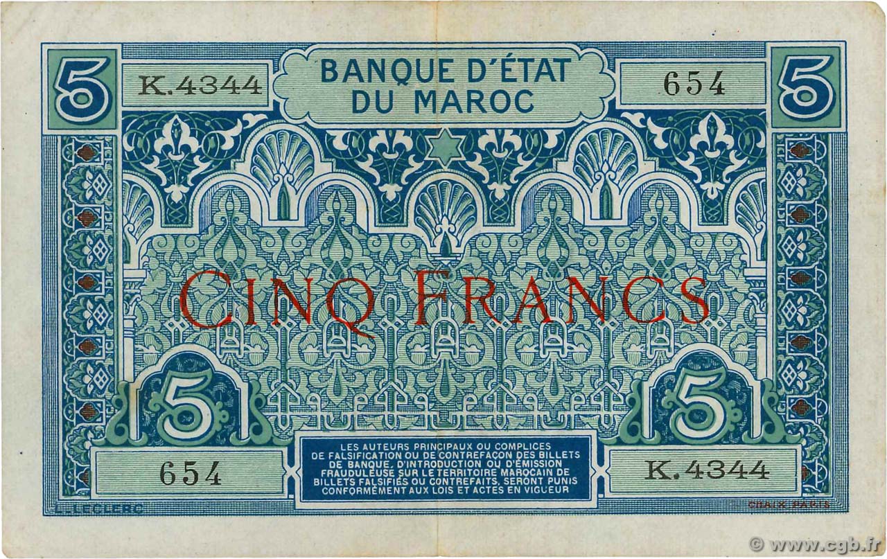 5 Francs MAROC  1924 P.09 TTB