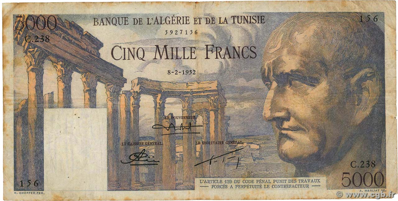 5000 Francs TUNISIA  1952 P.30 F