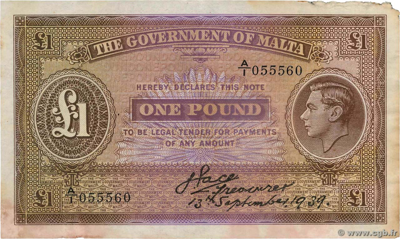 1 Pound MALTE  1939 P.14 BC
