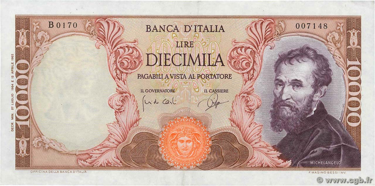 10000 Lire ITALY  1964 P.097b VF+