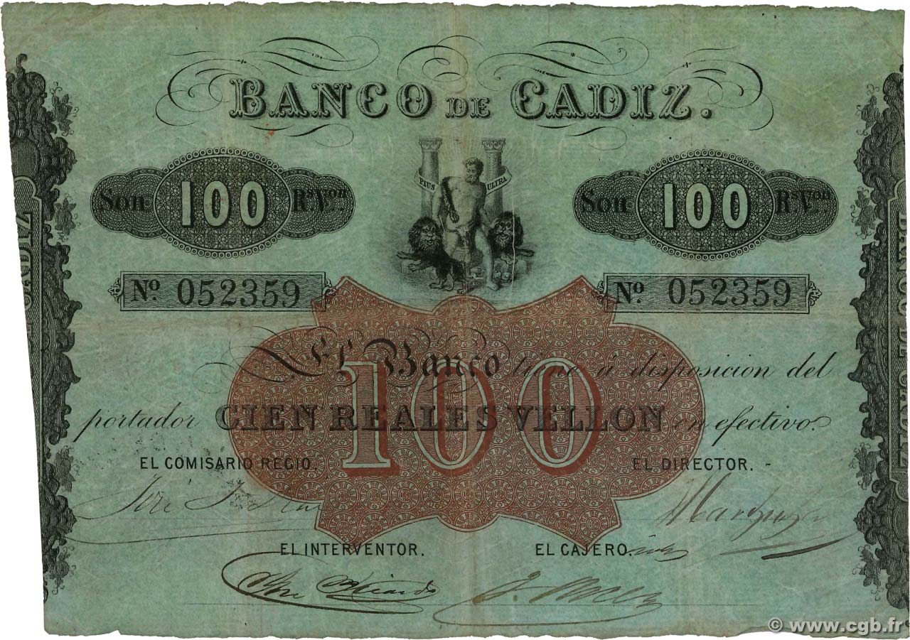 100 Reales De Vellon ESPAÑA Cadiz 1863 PS.291 BC