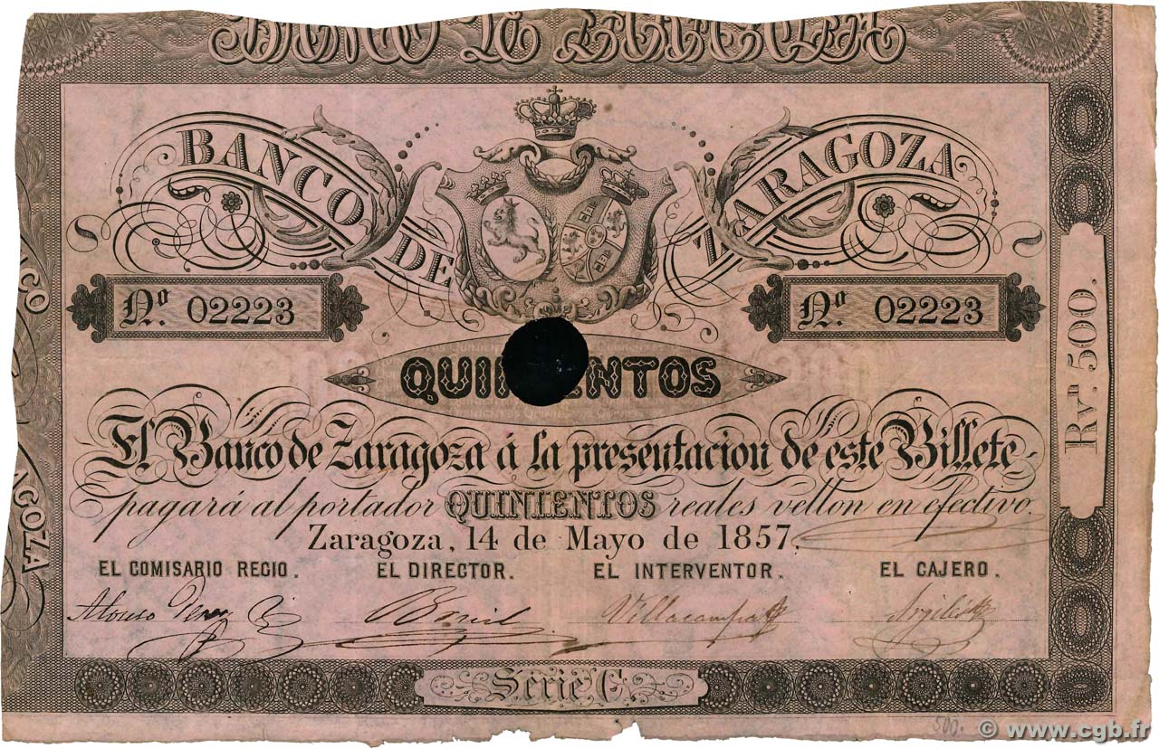 500 Reales De Vellon Annulé SPAGNA Zaragoza 1857 PS.453b q.BB