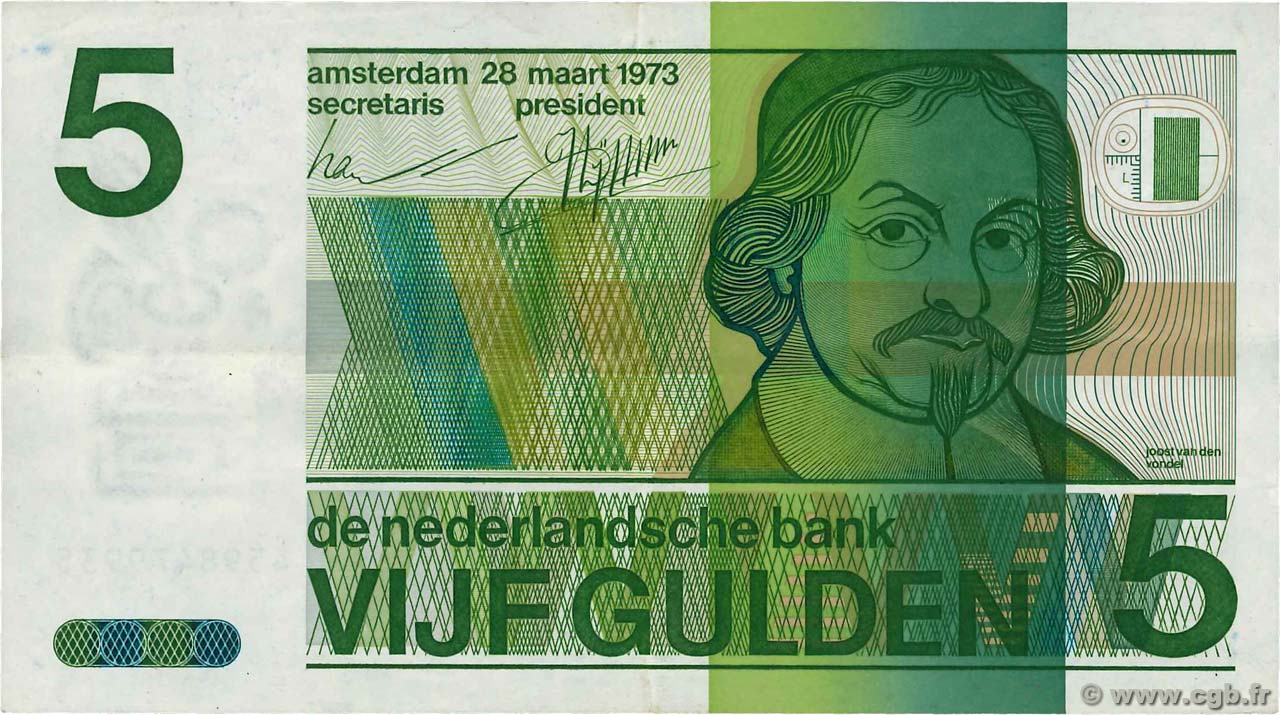 5 Gulden NETHERLANDS  1973 P.095a VF+