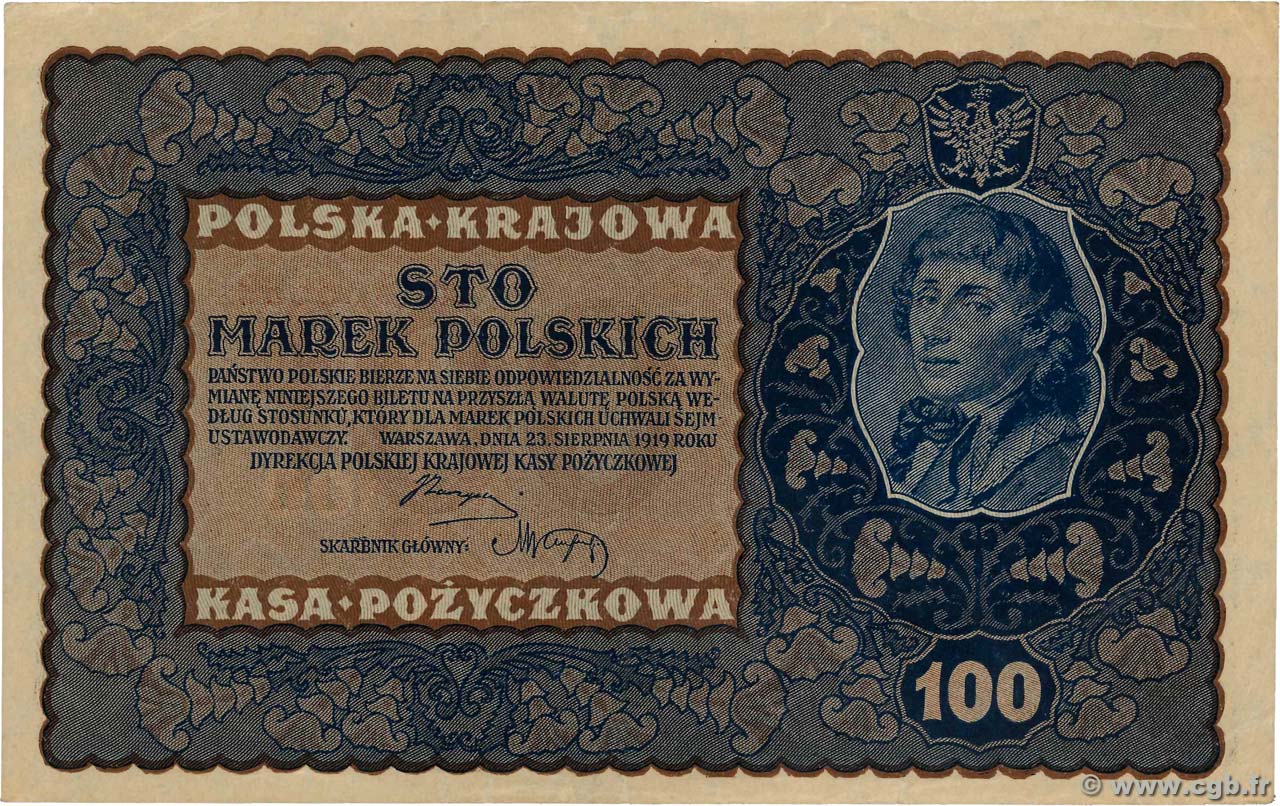100 Marek POLONIA  1919 P.027 q.SPL