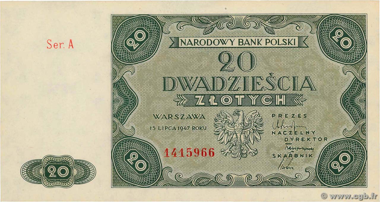 20 Zlotych POLONIA  1947 P.130 q.FDC