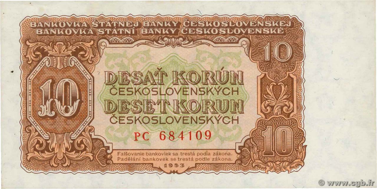 10 Korun CZECHOSLOVAKIA  1953 P.083b UNC-